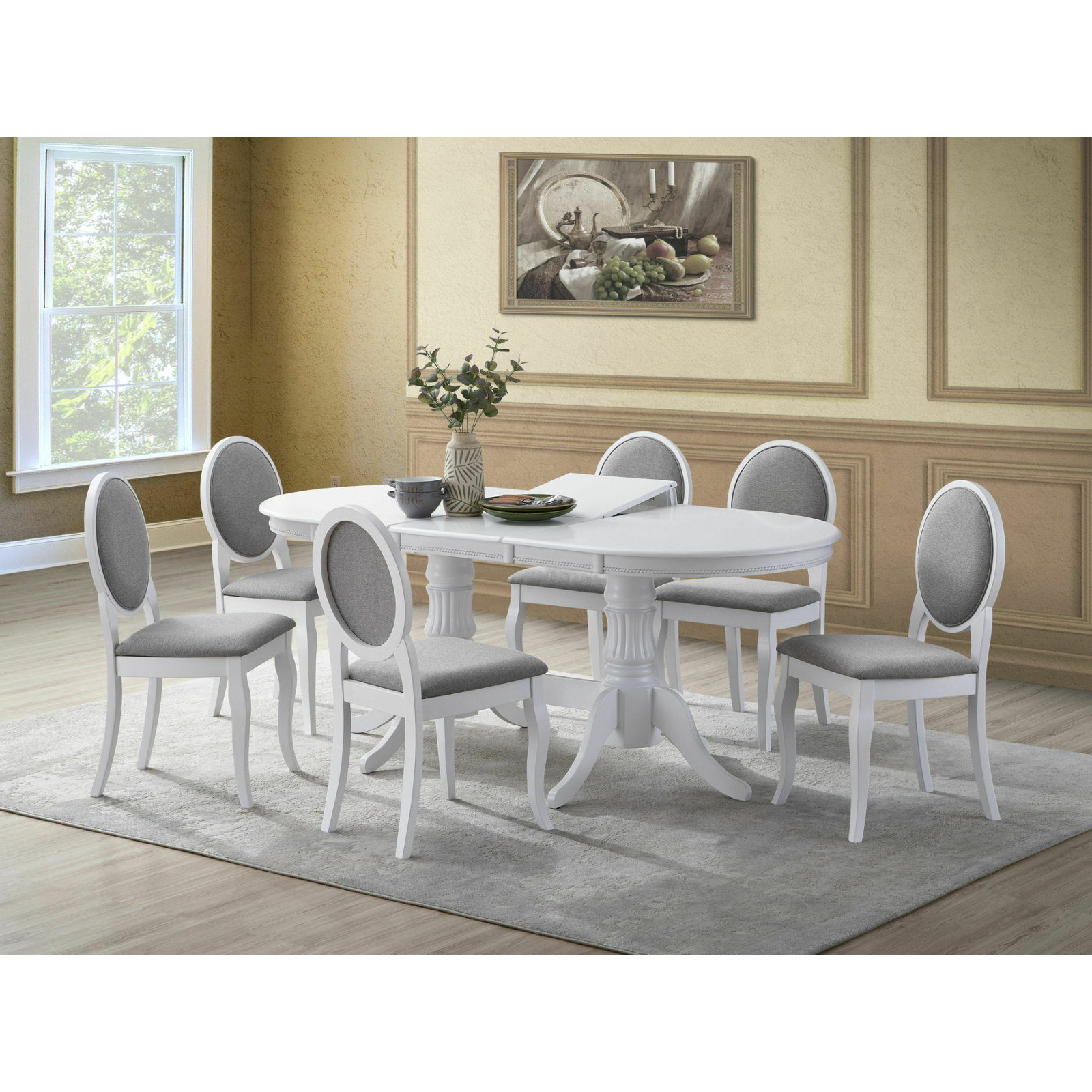 Mese Dining - Set Masa extensibila NICE, lemn masiv, ovala, alb 150/190x90x76 cm + 6 Scaune living BENONI, alb + gri, 44.5x50.5x92 cm