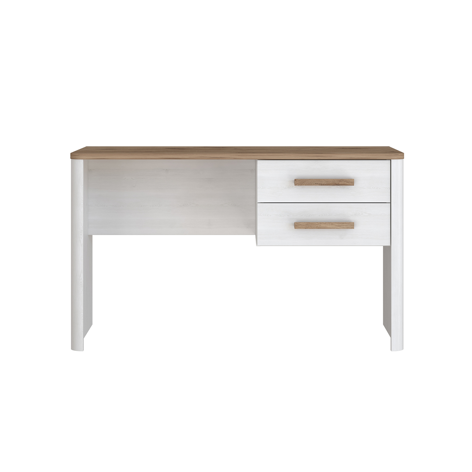 Birouri - Set Birou RAMIRO, cu 2 sertare 125x60x74 cm + etajera birou RAMIRO, cu spatii depozitare, 140x26x60 cm, alb + stejar Artisan