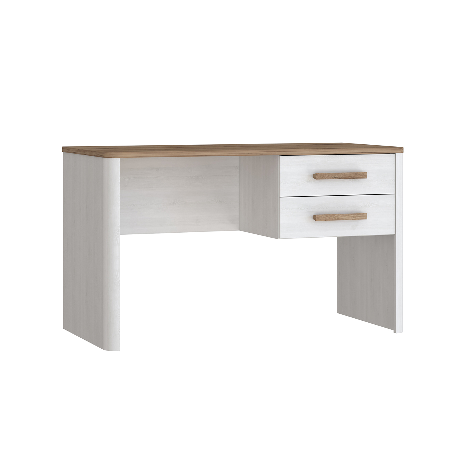 Birouri - Set Birou RAMIRO, cu 2 sertare 125x60x74 cm + etajera birou RAMIRO, cu spatii depozitare, 140x26x60 cm, alb + stejar Artisan