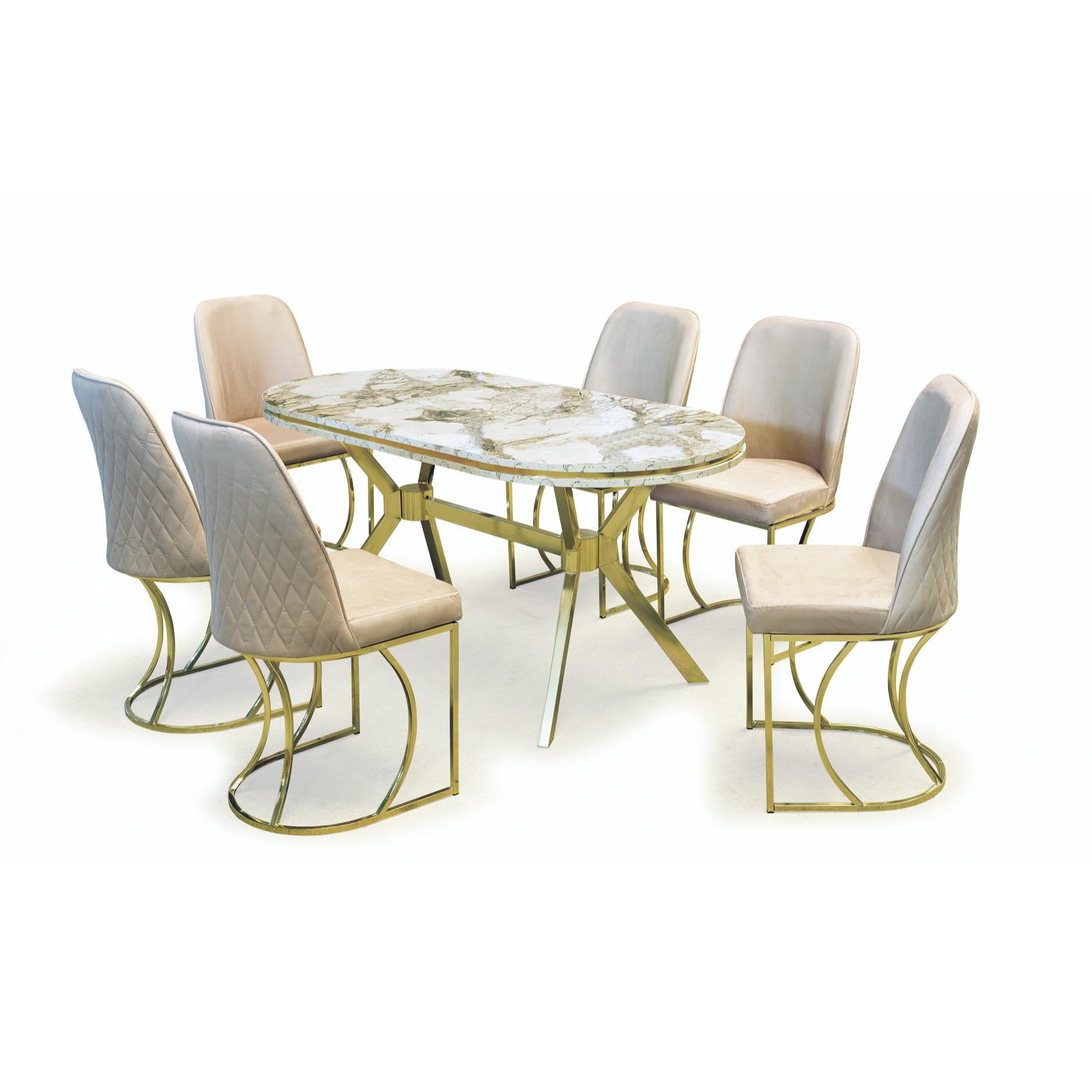 Mese si Scaune - Set TIMARA, masa cu 6 scaune, ovala, 6 persoane, marmura + auriu + bej, 160x80 cm
