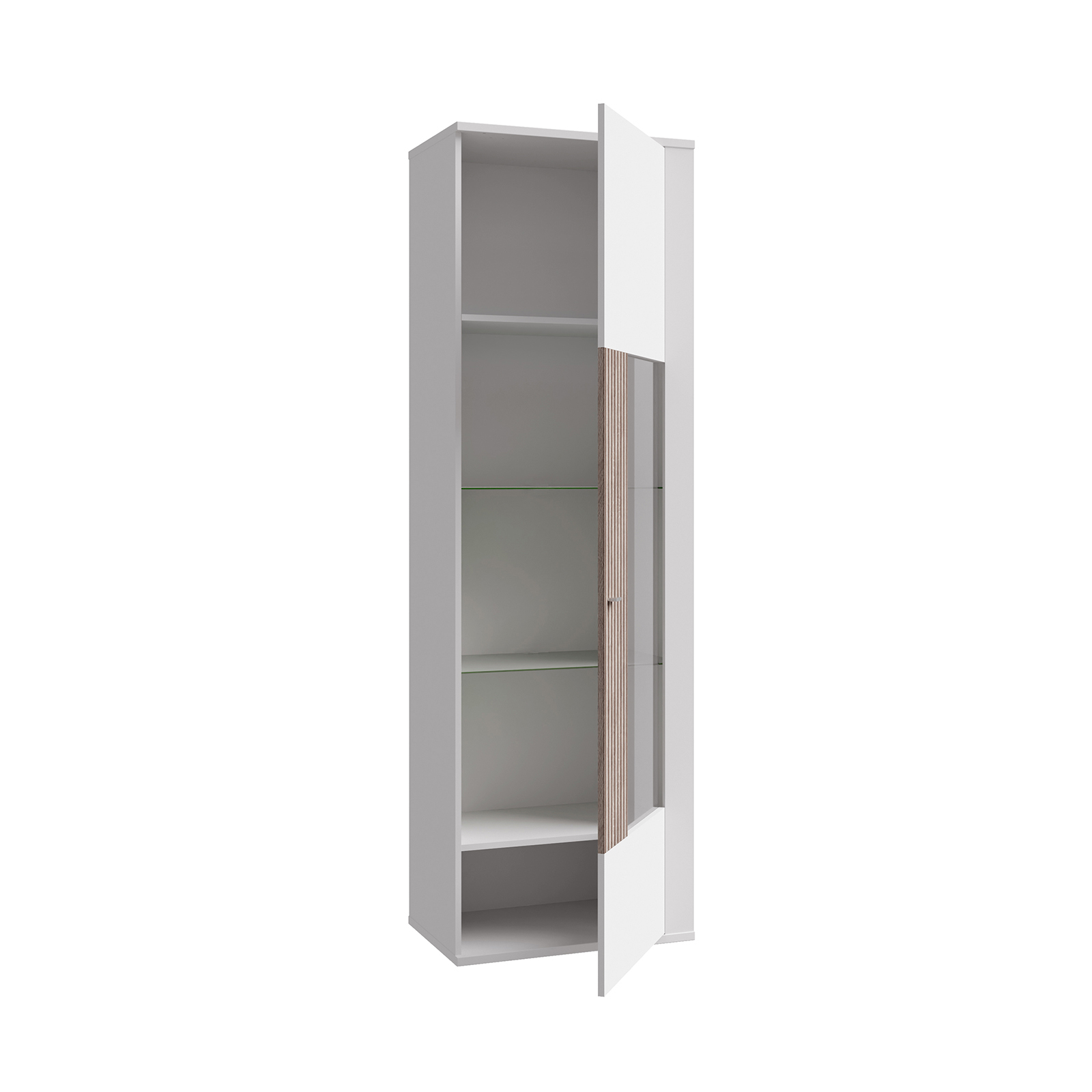 Comode - Vitrina stanga AMBRA, cu usa de sticla, 5 rafturi, alb + stejar Rovere, 64x42x205 cm