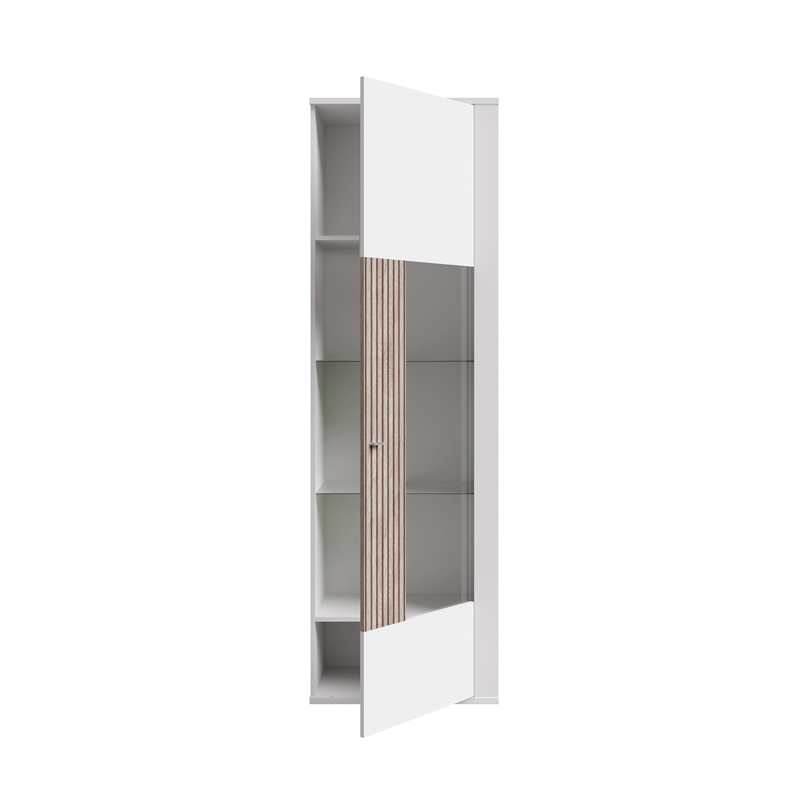 Comode - Vitrina stanga AMBRA, cu usa de sticla, 5 rafturi, alb + stejar Rovere, 64x42x205 cm
