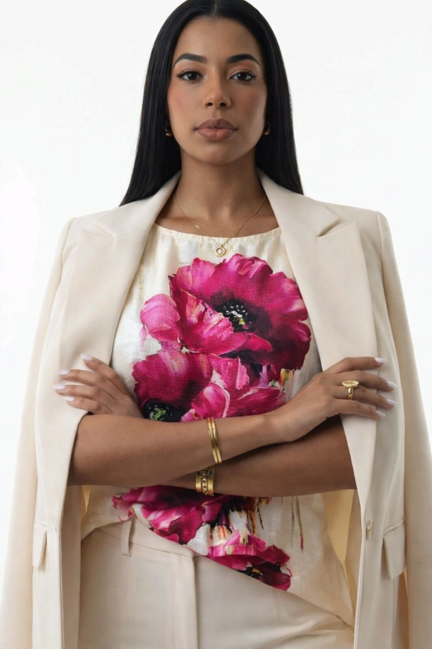 Bluza cu imprimeu maci roz și mâneci 3/4 [2]