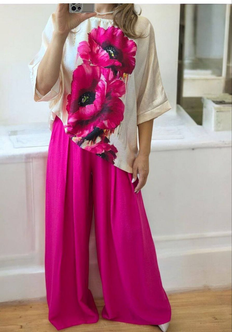 Bluza cu imprimeu maci roz și mâneci 3/4 [4]