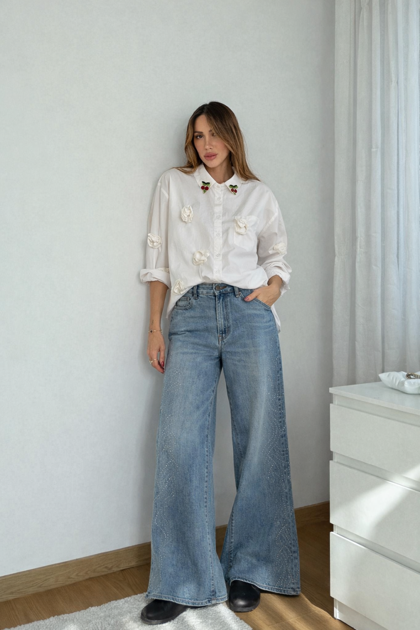 Camasa alba cu trandafiri 3D și broșe cireșe [3]