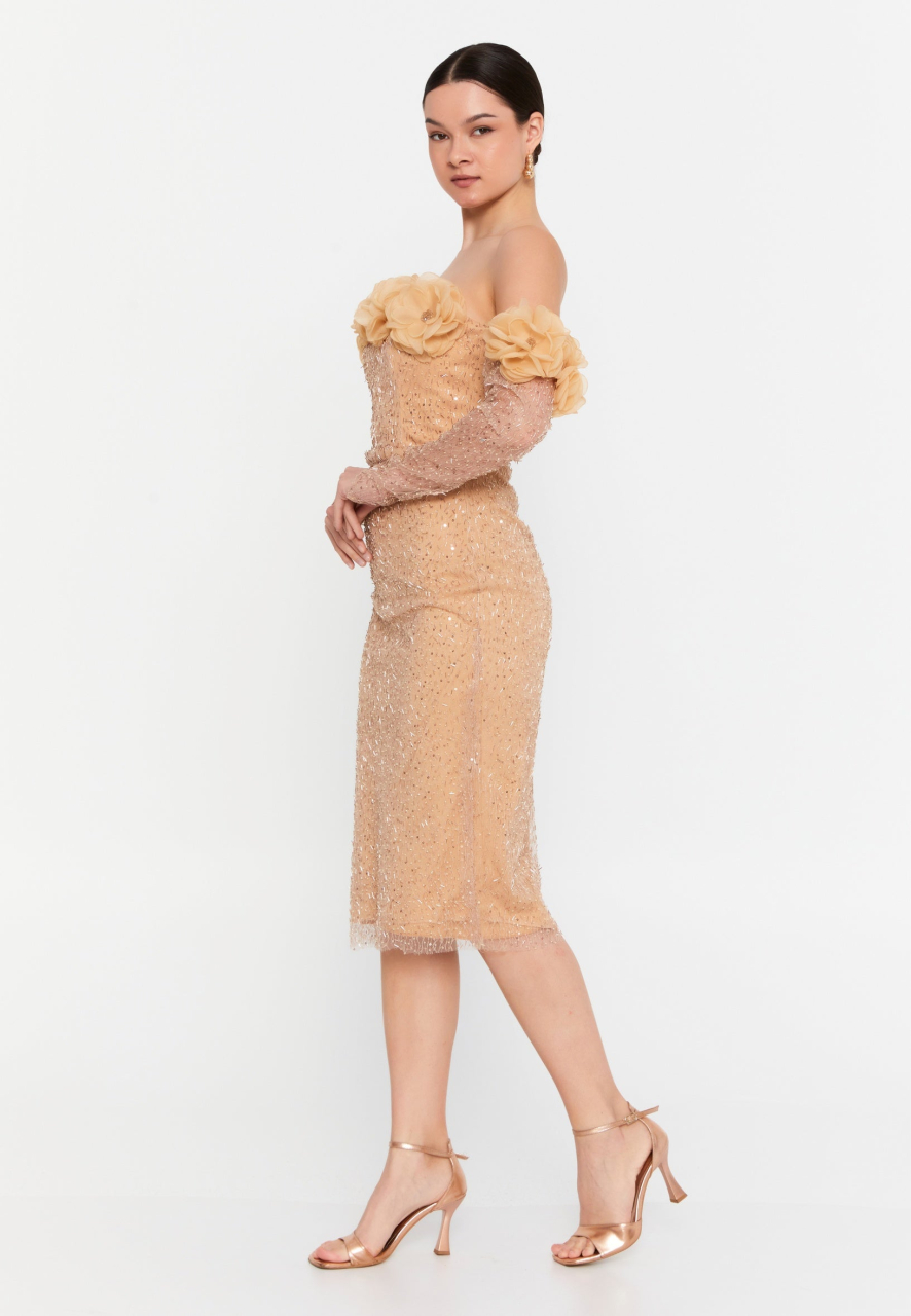 Rochie bijuterie nude - auriu cu flori 3D [4]