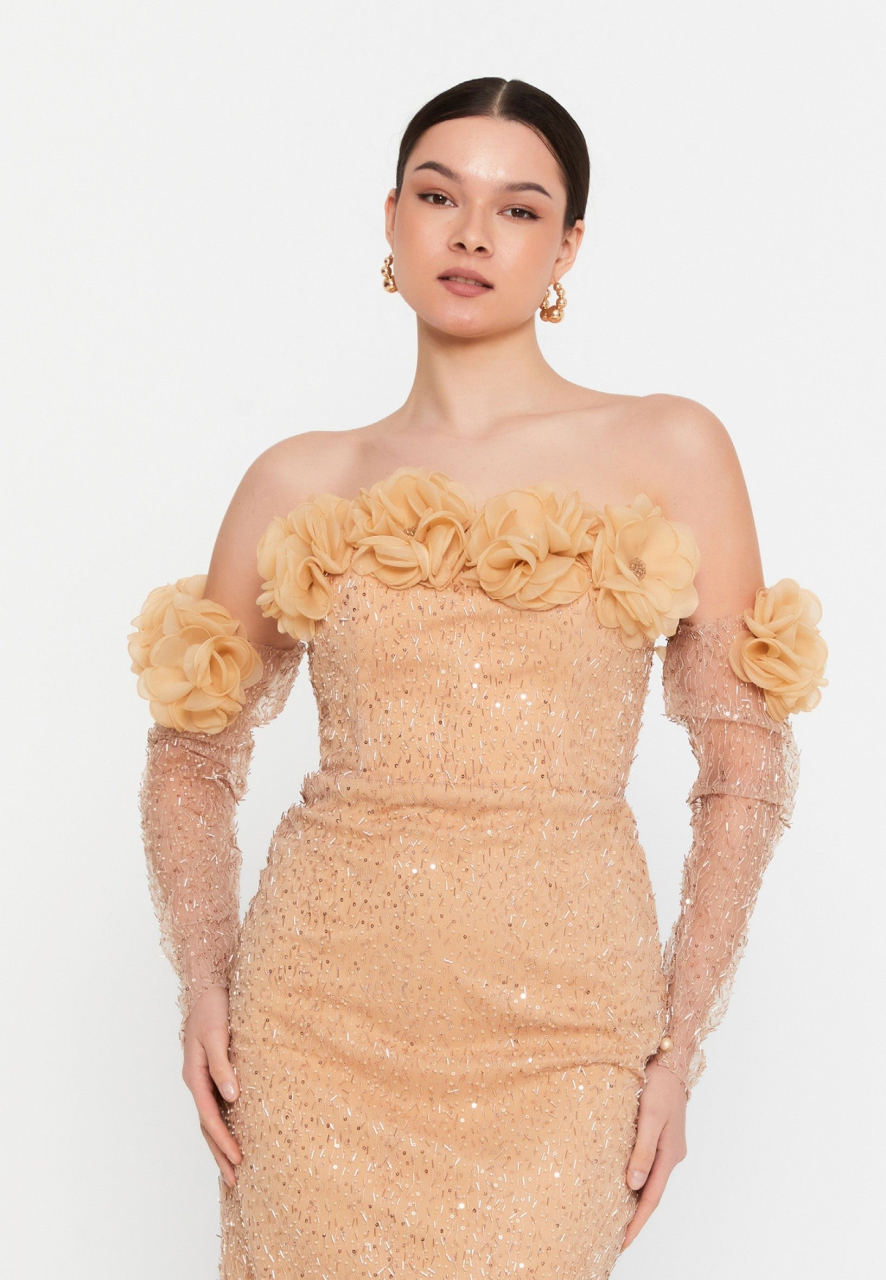 Rochie bijuterie nude - auriu cu flori 3D [2]
