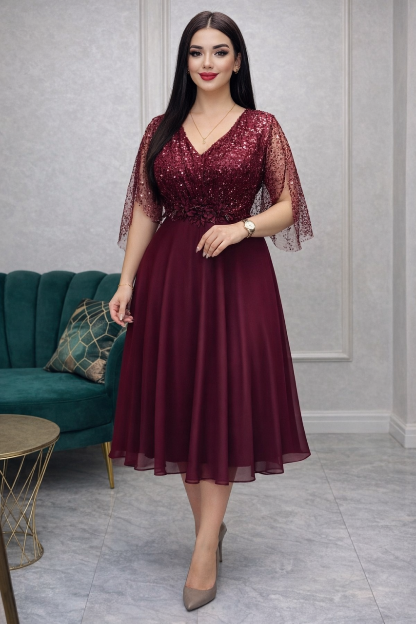 Rochie bordo midi cu mâneci din voal transparent Gloria [2]