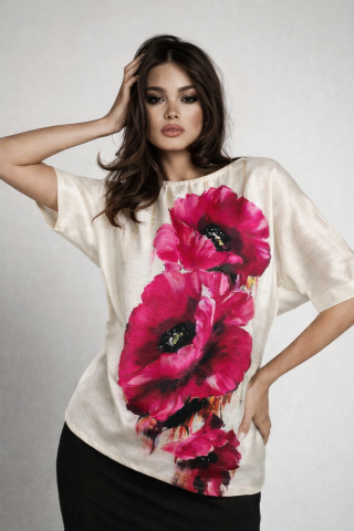 Noua Colectie - Bluza cu imprimeu maci roz și mâneci 3/4