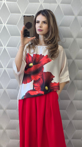 Noua Colectie - Bluza cu maci roșii și mâneci 3/4