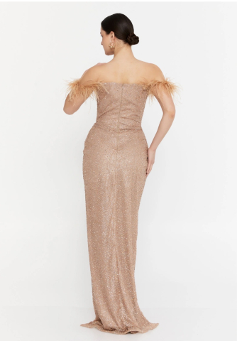 Rochie bijuterie cu umerii goi șampanie - model unic [3]