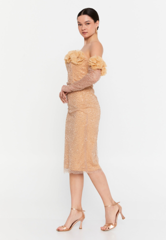 Rochie bijuterie nude - auriu cu flori 3D [3]