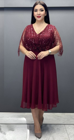 Rochii Marimi Mari / Plus Size - Rochie bordo midi cu mâneci din voal transparent Gloria