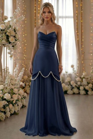 Noua Colectie - Rochie cu corset bleumarin cu fusta detașabilă și decorată cu perle