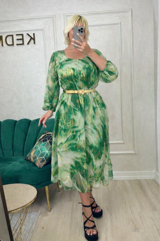Rochii de zi - Rochie de zi, verde cu imprimeu auriu și curea în talie.