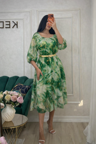 Rochie de zi, verde cu imprimeu auriu și curea în talie. [1]
