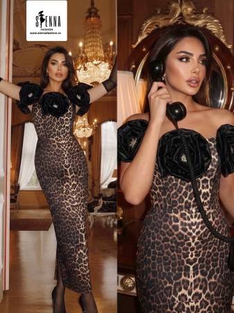 Rochii Marimi Mari / Plus Size - Rochie eleganta leopard cu trandafiri 3D