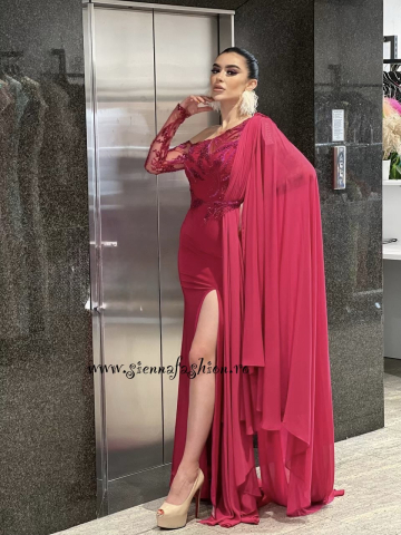 Rochie lungă fucsia cu voal pe un umăr Rayna [1]