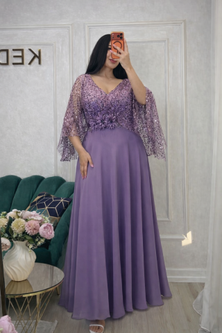 Noua Colectie - Rochie lungă lila cu mâneci din voal și paiete Glidia