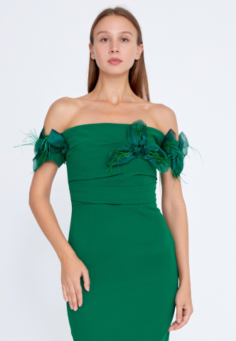 Rochii Scurte / Midi / Cocktail - Rochie midi eleganta verde smarald cu umerii goi