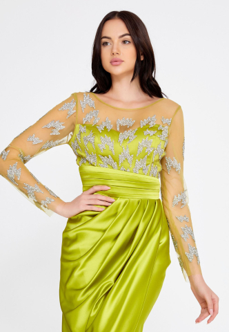 Rochie midi verde lime cu maneci Katana