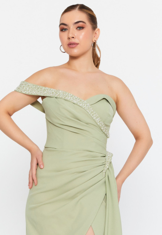 Rochie unică eleganta lungă verde fistic fără umeri Callia [2]