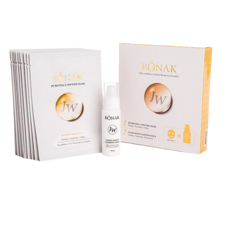 Masti pentru ten si gomaje - Set coreean de 10 masti-servetel si ser pentru ten, BONAK, JW Revital C Peptide Mask and Good Night Ser, pentru ten mai ferm, efect de lifting, K Beauty, 10 masti x 28 g si 1 Ser Good Night x 50 ml