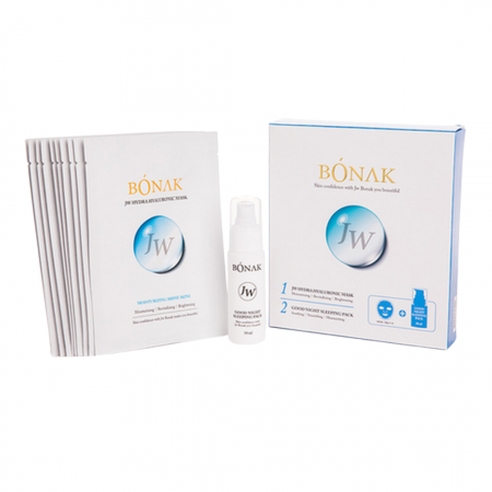 Masti pentru ten si gomaje - Set masti-servetel si masca-ser, BONAK, JW Hydra Hyaluronic Mask and Good Night Ser, intens hidratant, K Beauty, 10 masti x 28 g si 1 Ser Good Night x 50 ml