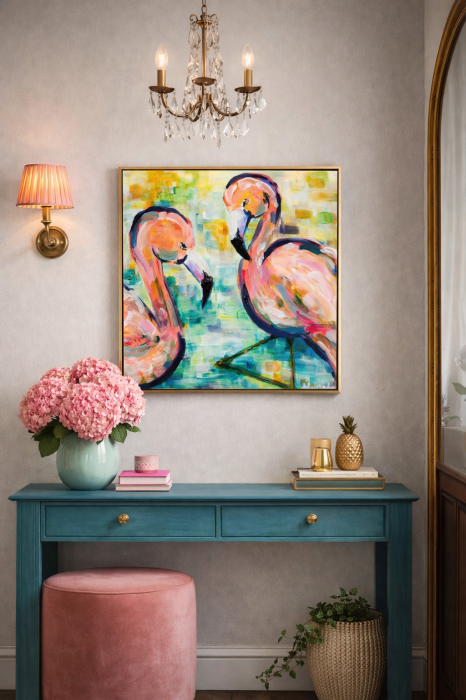 Tablou "Flamingo Harmony" pictat manual, 40x40 cm acrlyic pe pânză [2]