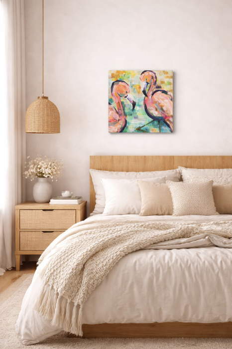 Tablou "Flamingo Harmony" pictat manual, 40x40 cm acrlyic pe pânză [3]