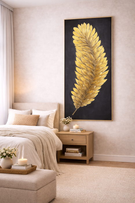 Tablou "Golden Feather" pictat manual 140 x 70 cm, acrylic pe pânză [2]