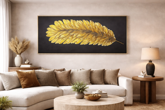 Tablou "Golden Feather" pictat manual 140 x 70 cm, acrylic pe pânză [3]