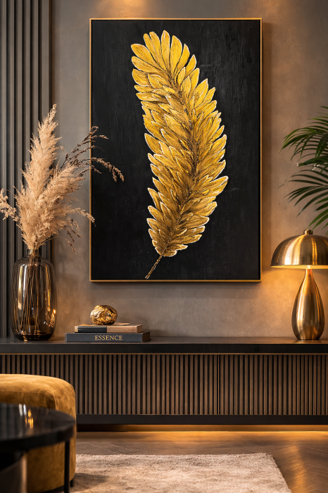 Tablou "Golden Feather" pictat manual 140 x 70 cm, acrylic pe pânză [4]