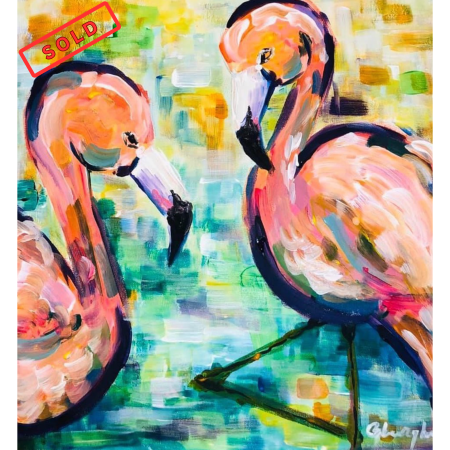 Creațiile noastre - Tablou "Flamingo Harmony" pictat manual, 40x40 cm acrlyic pe pânză