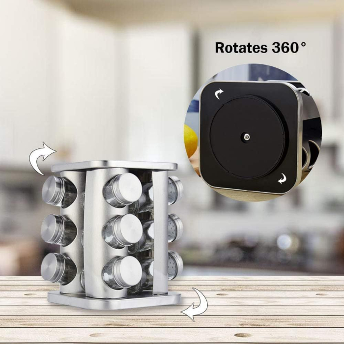 Organizator Rotativ din Oțel Inoxidabil 21x19cm, cu 12 Borcane din Sticlă 9cm, pentru Condimente [2]