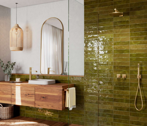 Faianta - Faianță Nairobi Moss7,5x30 cm lucioasă – Ceramica Villar Albaro (CVA) Faianță verde lucioasă 7,5x30 cm pentru baie și bucătărie