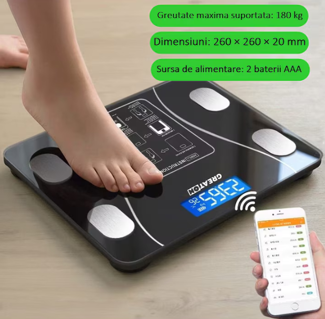 Cantar Corporal Inteligent Cu Aplicatie Telefon, De Baie, Electronic, Sticla Securizata, Design Elegant, Smart, Afisaj LCD, Negru [2]
