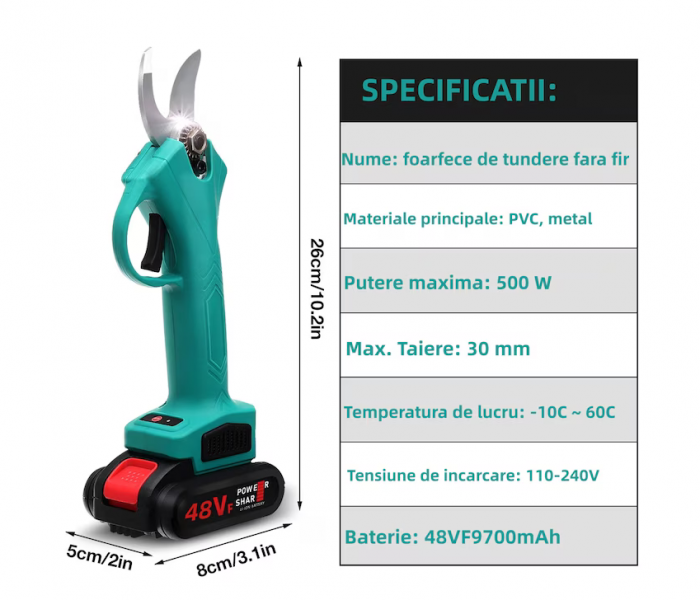 Foarfeca Electrica pentru Gradinarit cu 2 Acumulatori 48V, cu Lama din Otel Carbon, Baterie 9700mAh, Accesorii si Valiza Transport [4]