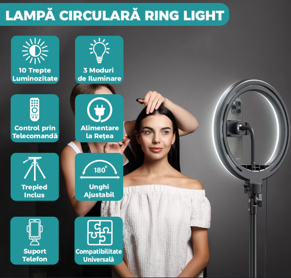 Lampă LED Circular 25.5 cm, 120 LED-uri, Trepied 210 cm și Suport Telefon – Ideal pentru Make-up, Vlogging, Instagram [3]