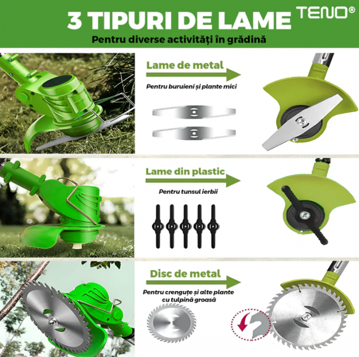 Motocoasa Electrica , 2 acumulatori 48 V, baston telescopic, 3 tipuri de lame pentru taiere, 18000 RPM, autonomie de 2-3 ore, accesorii incluse, verde [4]