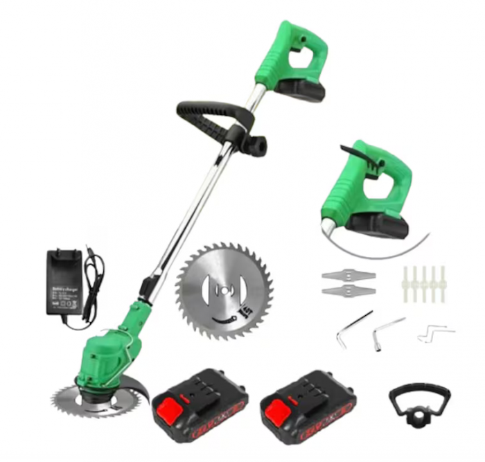 Motocoasa Electrica , 2 acumulatori 48 V, baston telescopic, 3 tipuri de lame pentru taiere, 18000 RPM, autonomie de 2-3 ore, accesorii incluse, verde [1]