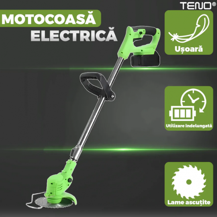 Motocoasa Electrica , 2 acumulatori 48 V, baston telescopic, 3 tipuri de lame pentru taiere, 18000 RPM, autonomie de 2-3 ore, accesorii incluse, verde [2]