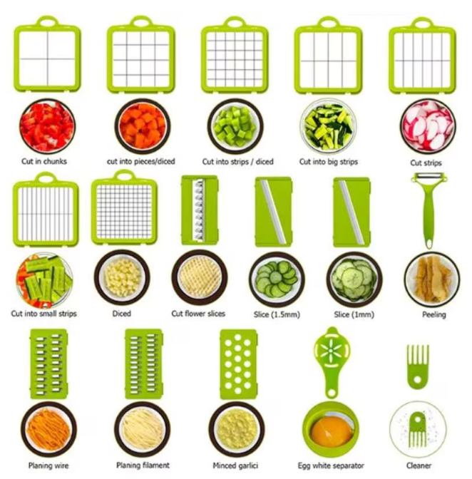 Razatoare Multifunctionala pentru fructe si legume, 22 piese, lame din otel inoxidabil, feliere, radere, taietor, maruntitor, separator ou, functie caserola, maner protectie [2]