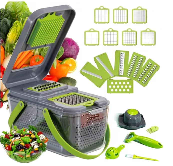 Razatoare Multifunctionala pentru fructe si legume, 22 piese, lame din otel inoxidabil, feliere, radere, taietor, maruntitor, separator ou, functie caserola, maner protectie [1]