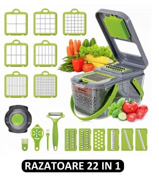 Razatoare Multifunctionala pentru fructe si legume, 22 piese, lame din otel inoxidabil, feliere, radere, taietor, maruntitor, separator ou, functie caserola, maner protectie [5]