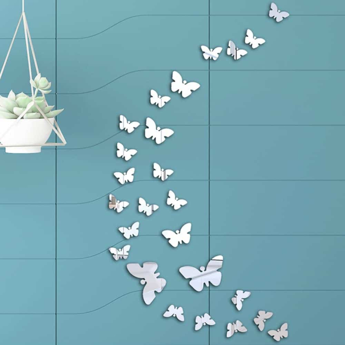 Set 25 Oglinzi acrilice autoadezive fluturi, pentru decorarea peretilor, 15 buc x 4 cm si 10 buc x 3 cm, Argintiu [5]