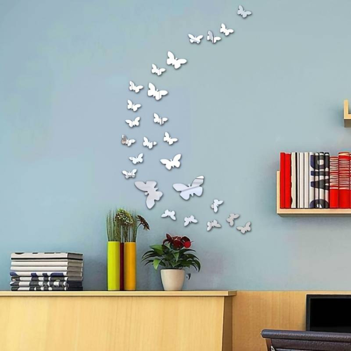 Set 25 Oglinzi acrilice autoadezive fluturi, pentru decorarea peretilor, 15 buc x 4 cm si 10 buc x 3 cm, Argintiu [3]