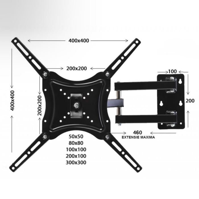 Suport TV de perete HDL-117B-2, Doua brate, Reglabil, 14-55 inchi, Negru Suporta 50kg [2]