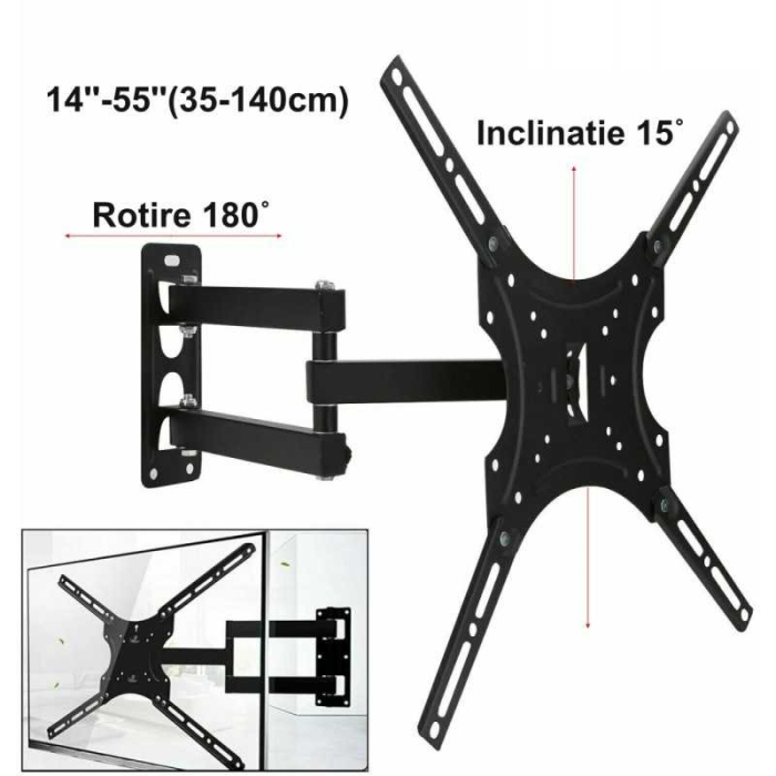 Suport TV de perete HDL-117B-2, Doua brate, Reglabil, 14-55 inchi, Negru Suporta 50kg [1]