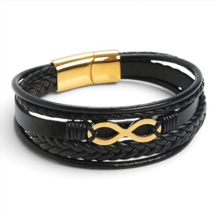 Bijuterii Inox Personalizate - Brățară Casual din Piele Neagră Unisex cu Simbolul Infinitului din Inox Placat cu Aur